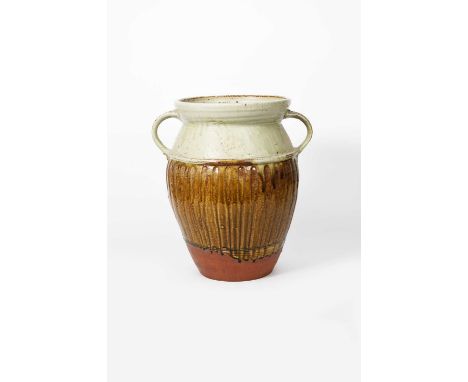 Reuben Batterham (born 1967)A large stoneware twin-handled garden vase, incised flutes, covered to the foot with an ash glaze