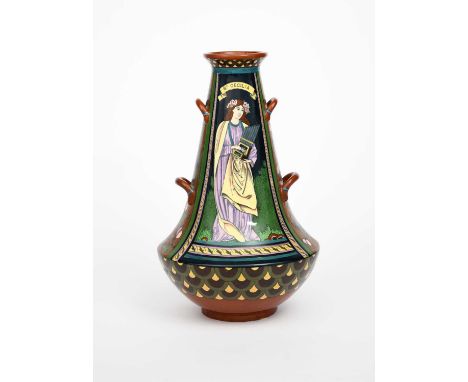 A Foley Intarsio 'Saint Cecilia' vase designed by Frederick Rhead, model no.3024, shouldered form with tall tapering neck and