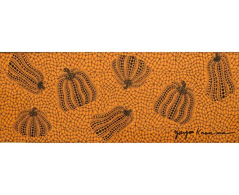 Yayoi Kusama (born 1929)Pumpkinsscreen print on orange cotton, framedsigned in the print89 x 32cm (image)