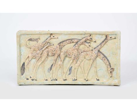 Stella Crofts (1898-1964)Giraffesa stoneware tile plaque, glazed in coloursincised Stella R Croftsrepaired39.5 x 21cm. Litera