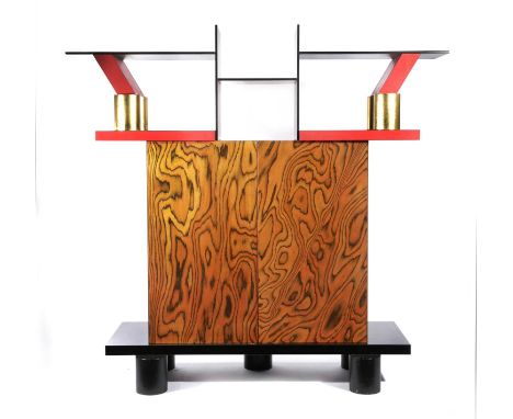 Φ A Memphis Milano Freemont cabinet designed by Ettore Sottsass,  designed 1985,raised, shelved structure with coloured lamin