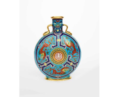 A large Mintons Pottery Cloisonne moon flask designed by Dr Christopher Dresser, printed and painted in colours and gilt with