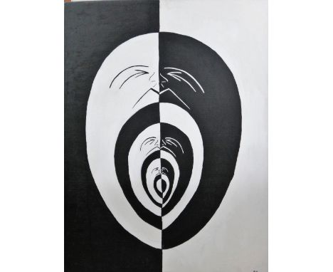 A group of five modern pictures, including an untitled canvas by Roberta Casadio, a circular composition attributed to Victor