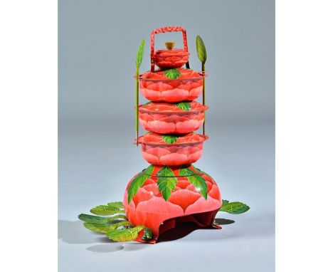 Adeela Suleman (b.1970), powder coated, enamel and polychrome painted metal serving dishes and covers, over a padded cycle he