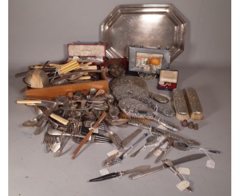 Silver plated wares, including a quantity of mixed silver plated flatware, a dressing table set, trays and sundry.