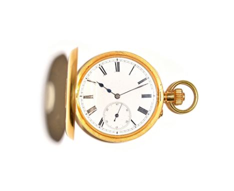 A gold cased, keyless wind, half hunting cased gentleman's pocket watch, with a gilt metal inner case, detailed within, the o