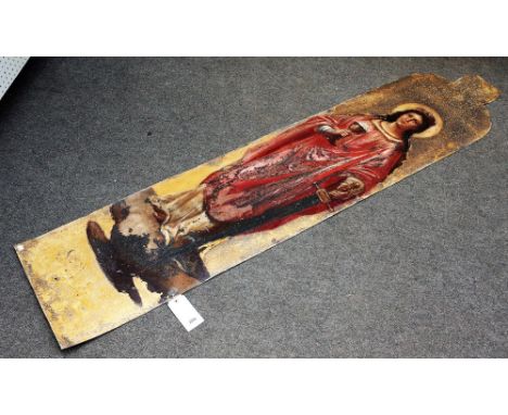 A polychrome painted tin panel depicting 'St Barbara', modelled holding a goblet and sword against a gilt ground, 200cm high.