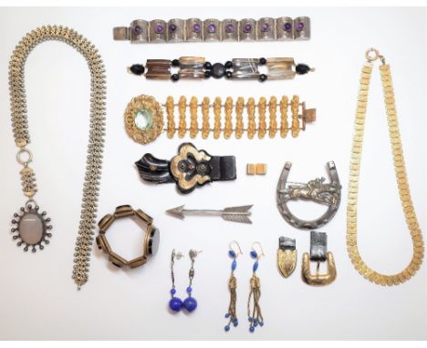 A group of Victorian and later jewellery, comprising; a collar necklace with a grey agate oval drop, an amethyst quartz brace