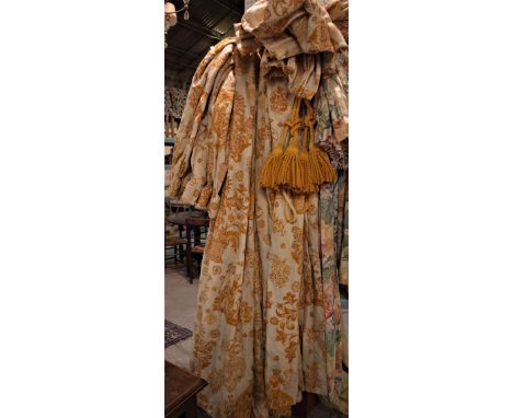 Two pairs of lined and interlined cream curtains with a yellow floral pattern, the larger 110cm wide x 290cm long, the other 