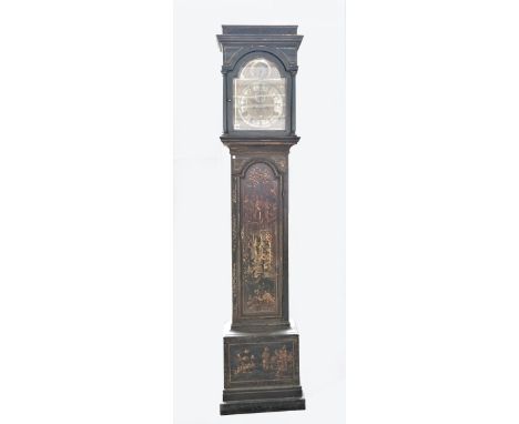 A chinoiserie decorated longcase clock, 18th century, the brass arch top dial detailed 'Thomas Holloway Winton' with subsidia