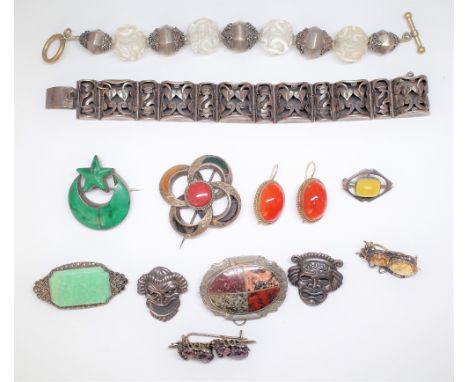 A group of jewellery, comprising; a Mexican panel link bracelet, with pierced decoration, detailed Sterling 925, a bead link 