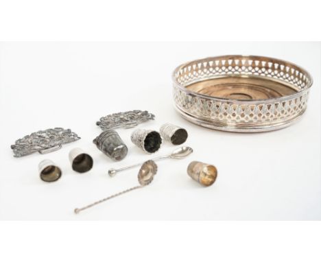 Silver and silver mounted wares, comprising; a circular bottle coaster, with pierced decoration to the gallery and with a tur