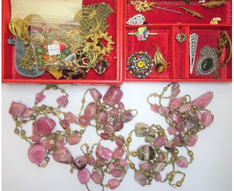 Five varicoloured tourmaline irregular bead necklaces and a small group of costume jewellery, including a filigree collar nec