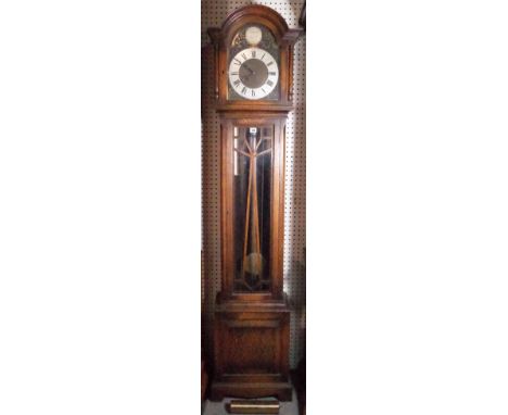 'Tempus Fugit', A 20th century oak cased longcase clock, 44cm wide x 197cm high, one pendulum, three weights. 