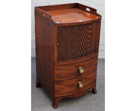 A George III inlaid mahogany galleried night stand with tambour panel, over pull-out, on splayed bracket feet, 48cm wide x 87