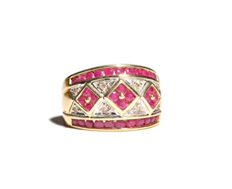 A gold, ruby and diamond set ring, with three ruby set square shaped clusters to the centre, between circular cut ruby set si