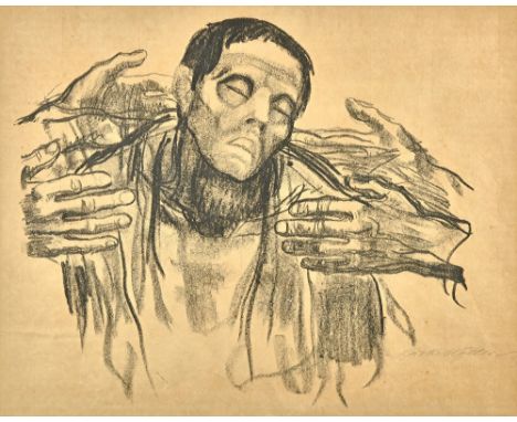 Kathe Kollwitz (1867-1945), Dying man, lithograph, signed, 43cm x 53.5cm. Illustrated.