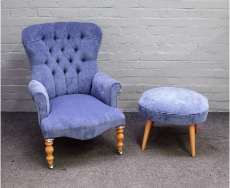 A Victorian style button back easy armchair with serpentine seat on turned supports, 66cm wide x 90cm high, together with a m