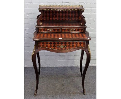 A late 19th century French gilt metal mounted diamond parquetry inlaid rosewood lady's writing desk, with two drawer shelf ba