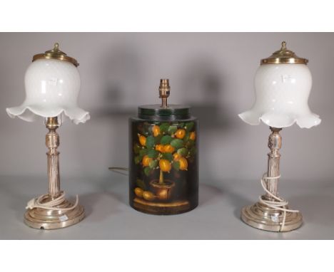 A pair of early 20th century silver plated table lamps with white glass shades, 44cm high and a 20th century painted lacquer 