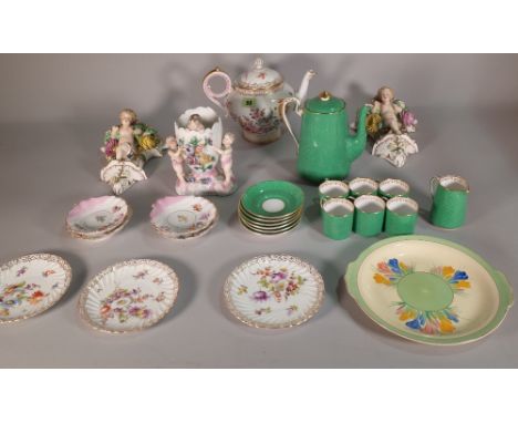 Porcelain, including; a Continental tea pot, pair of Continental wall pockets, Dresden saucers, a Clarice Cliff plate, a cher