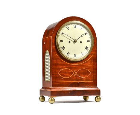 A mid-19th century mahogany and inlaid mantel clock with domed hood and seven inch painted tin dial enclosing a two train mov
