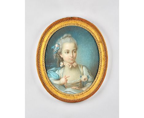 Circle of Jean Baptiste Huet, Portrait of a young girl, coloured chalks, oval, 47.5cm x 38.5cm. Illustrated.