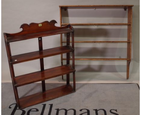 A late Victorian mahogany four tier hanging shelf, 75cm wide x 96cm high, and a later pine hanging shelf, 102cm wide x 109cm 