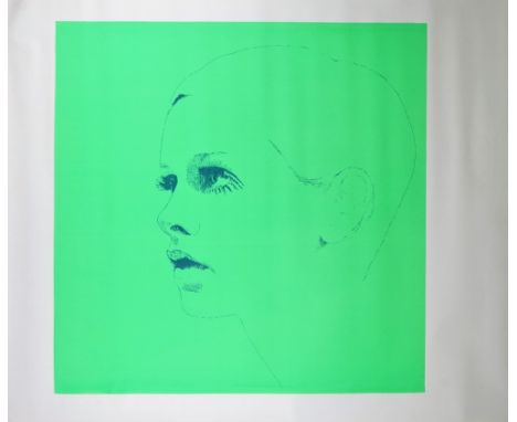 TWIGGY:  four art prints, fluorescent background, outline portrait sketch, loose sheets, various sizes, the images 79cm x 79c