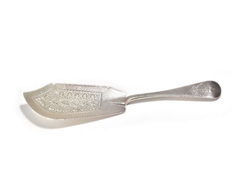 A Victorian silver Old English pattern Royal Navy Admiralty fish slice, with pierced decoration to the blade, the handle with