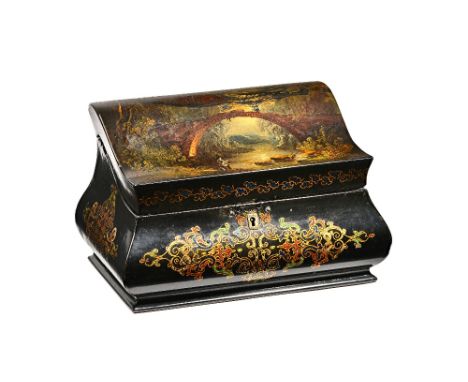 Jennens &amp; Bettridge,  Makers to The Queen; a 19th century papier-mâché tea caddy, of bombe slipper form, the polychrome p