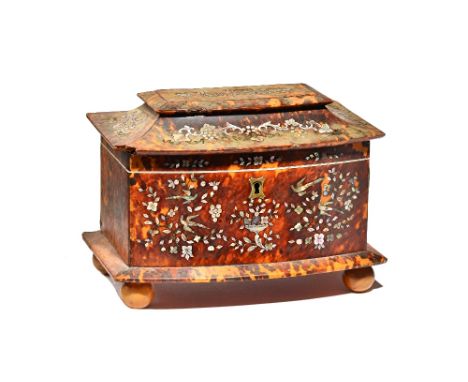 A Regency mother-of-pearl inlaid tortoiseshell tea caddy, with swept top and bow front, enclosing a twin lidded interior, 21c