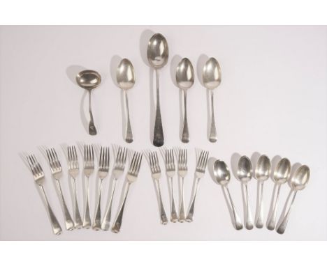 Silver Old English pattern table flatware, comprising; seven table forks, four dessert forks, five dessert spoons, three tabl