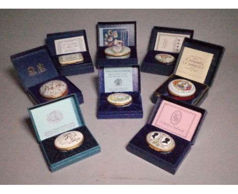 A group of eight 'Halcyon Days' enamel trinket boxes, boxed, (8). 