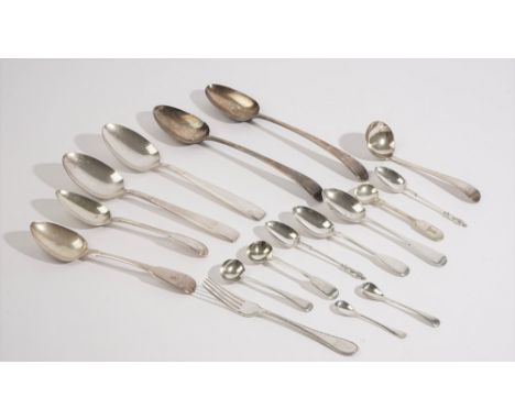 Silver flatware, comprising; a pair of tablespoons, two dessert spoons, three condiment spoons and two further spoons, a sauc