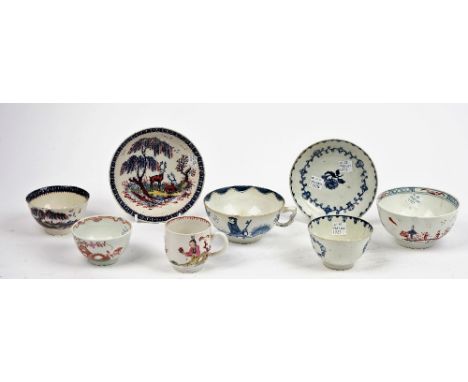 A group of English porcelain tea and coffee wares, second half 18th century, comprising; a Lowestoft poychrome teabowl painte