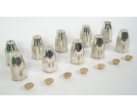 A set of five silver salts and a set of five silver matching pepperettes, nine pieces London 2001 and one salt, London 2000, 