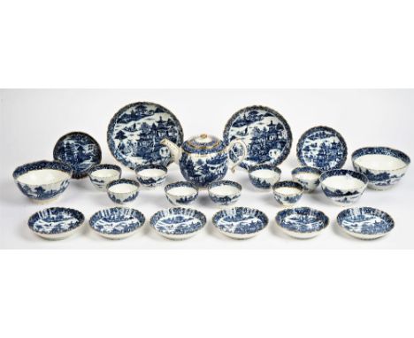 A Caughley composite blue and white printed part tea service, circa 1785, highlighted in gilding; comprising; a `Pagoda' patt