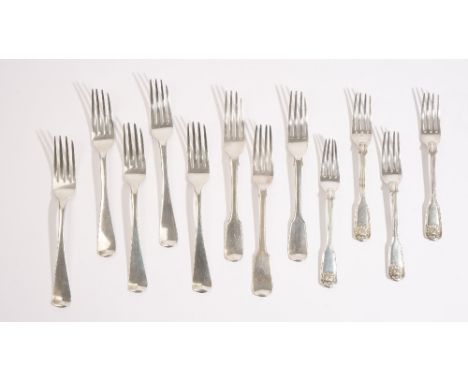 Silver table flatware, comprising; four Victorian double struck fiddle and shell pattern dessert forks, London 1840, three Ol