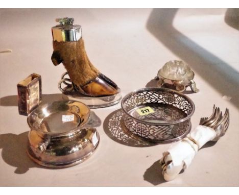 Silver plate, including; table lighter formed as a hoof, a silver plated ash tray, a quantity of flatware and sundry, (qty). 