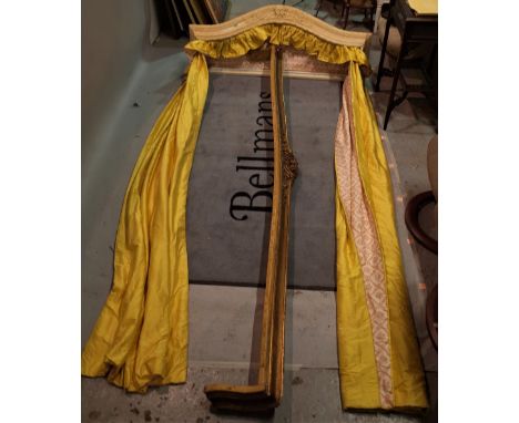A Victorian style white painted bed pelmet with lined and interlined yellow silk curtains by 'Jane Churchill', 135cm wide x 2