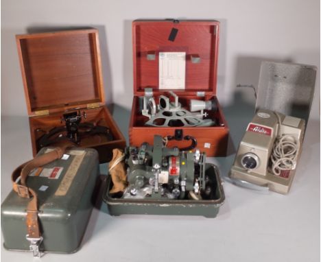 Scientific instruments including 'Hilger Watts', No1 microscopic theodolite cased, a cased nautical sextant and an 'Aldis' 20