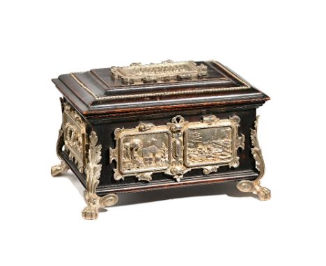 A French silver plated mounted, ebonised, fruitwood cigar box with twin compartment interior, 23cm wide x 15cm high. Illustra