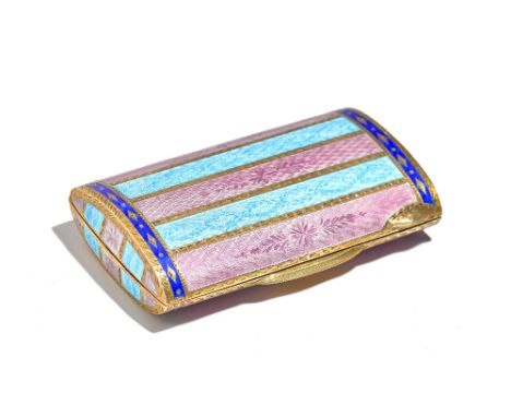 A lady's silver gilt and varicoloured enamel curved rectangular powder compact, fitted with a bevelled mirror within, the ext