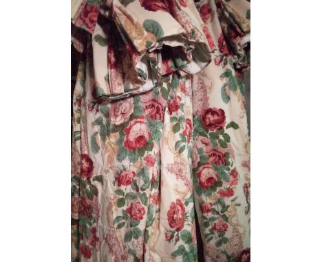 Curtains, two pairs of lined and interlined rose floral curtains, the larger pair 140cm wide x 202cm long, the other 100cm wi