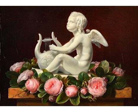 Attributed to Johan-Laurentz Jensen (1800-1856), A statue of Cupid in a garland of pink roses, oil on panel, bears a signatur