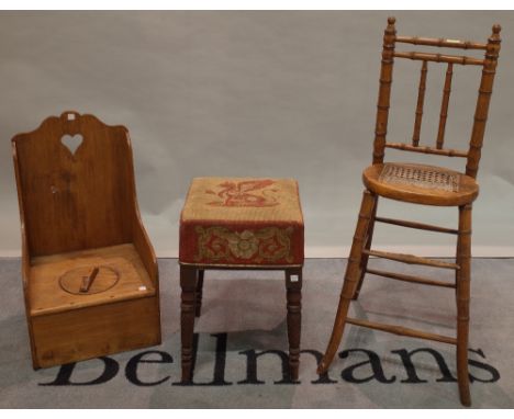 A 19th century simulated bamboo correction chair, 31cm wide x 93cm high, an 18th century and later mahogany footstool, 30cm w
