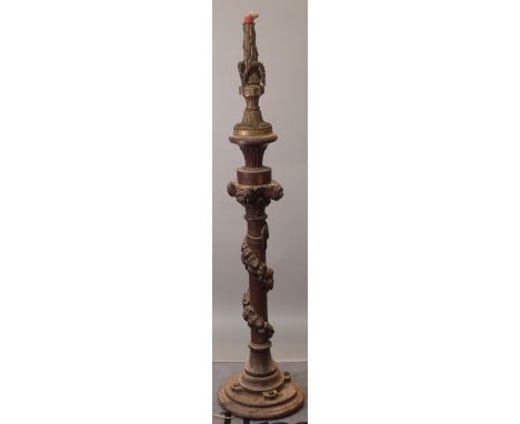 A Victorian gilt metal mounted  carved oak standard lamp, 170cm high (a.f.) and an 18th century style brass standard lamp, 12