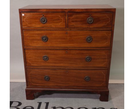A George III inlaid mahogany chest of two short and three long graduated drawers on bracket feet, 92cm wide x 103cm high. 