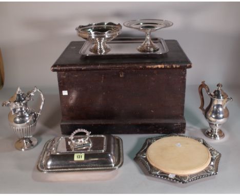 Silver and silver plates wares, including; a Christofle tray, 35cm wide, jugs, bowls and a quantity of various flatware, (qty